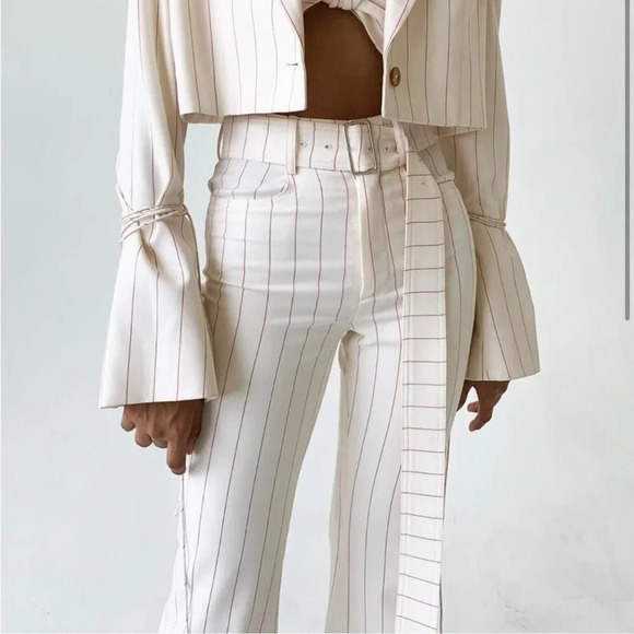 Orseund Iris Cream w Red Pinstripe Wide Leg Mid-Rise Crop Dress Pants Trousers 6 - Picture 2 of 14